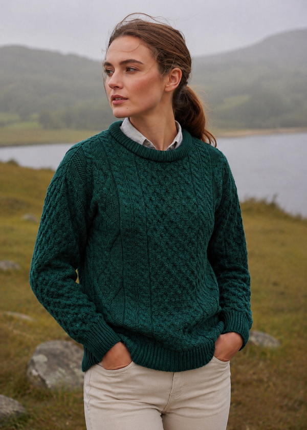 Inis Mor Aran Sweater | Unisex Irish Wool Sweater | Moss Green