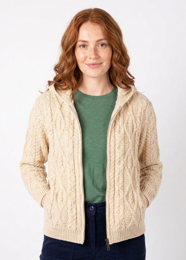 IrelandsEye Women's Aran Hooded Cardigan | Oatmeal