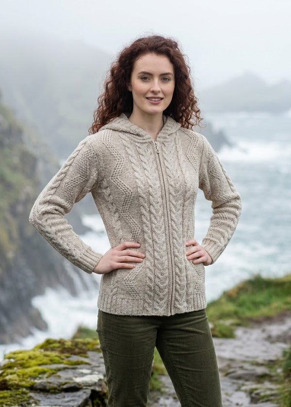 Ladies Merino Wool Aran Hooded Cardigan | Oatmeal