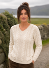 Ladies' Merino Wool V-Neck Aran Sweater – Natural