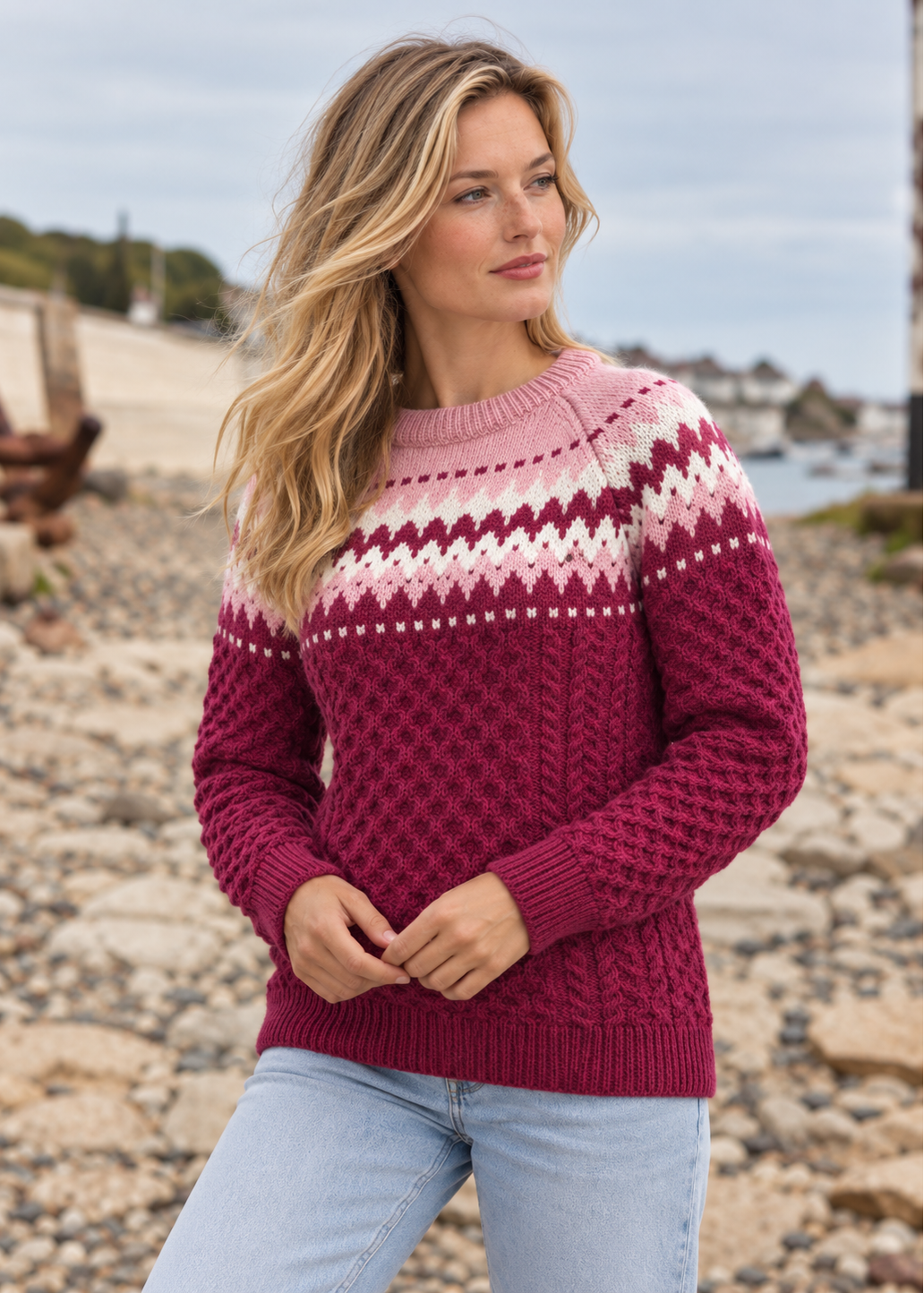 Ladies Slim-Fit Aran Fair Isle Sweater | Raspberry Marl