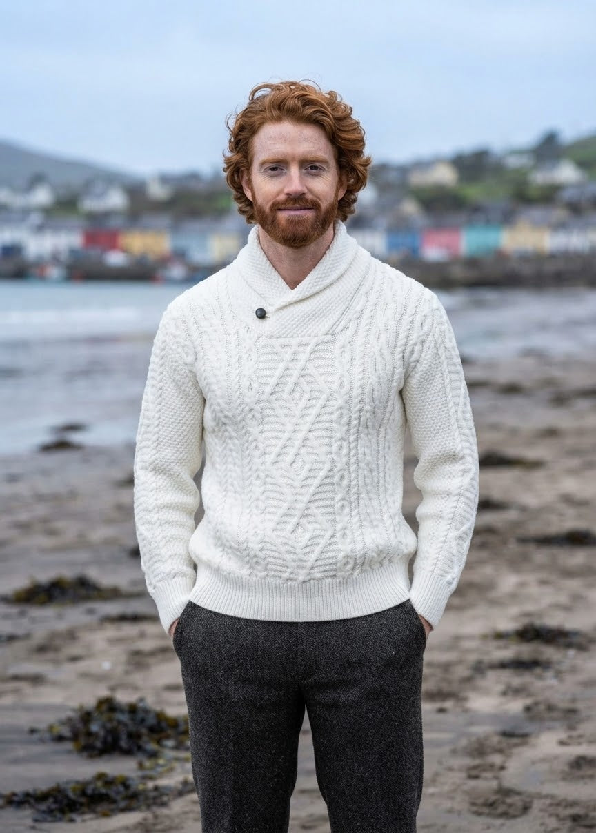 Men's Aran Shawl Neck Sweater | Natural Merino Wool