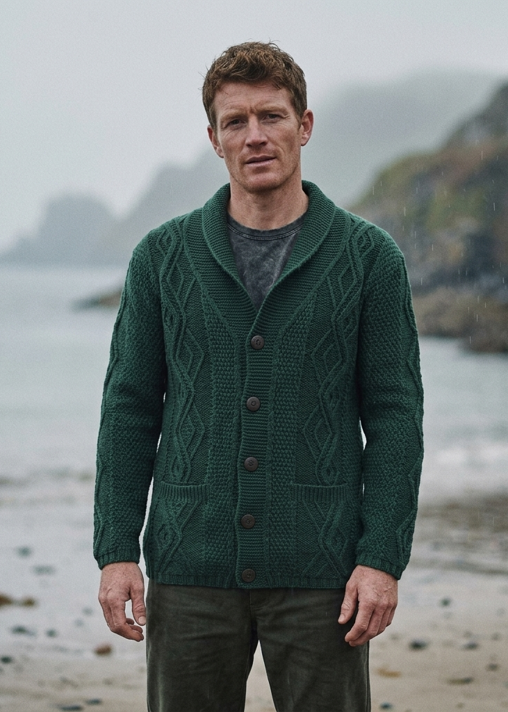 Men's Merino Wool Aran Cardigan | Green - Clearance