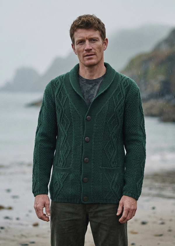 Men's Merino Wool Aran Cardigan | Green - Clearance