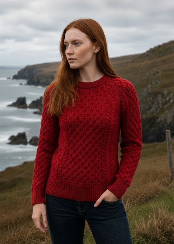 Original Aran Company Women's Slim-Fit Aran Sweater – Red