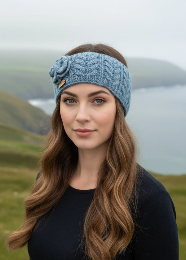Erin Aran Cable Knitted Wool Flower Headband | Denim