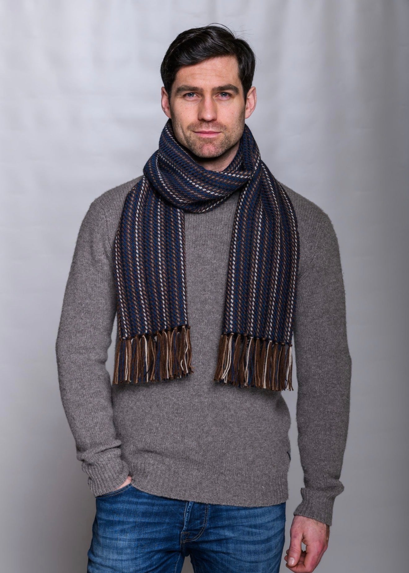 Mucros Alpaca Scarf Navy Blue Brown | Made in Ireland | 100% Alpaca Wool