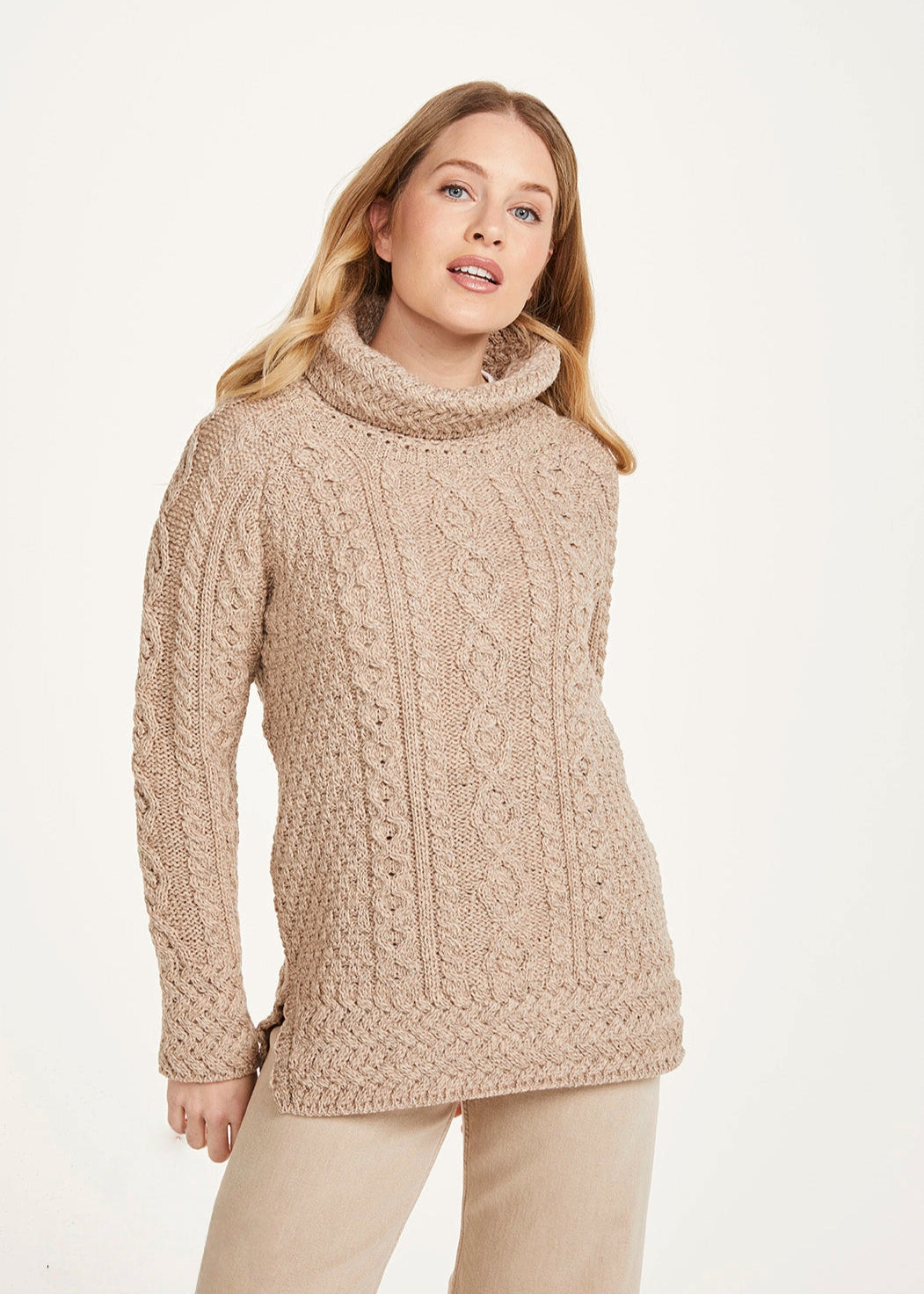 Ladies Aran Roll Neck Sweater | Oatmeal