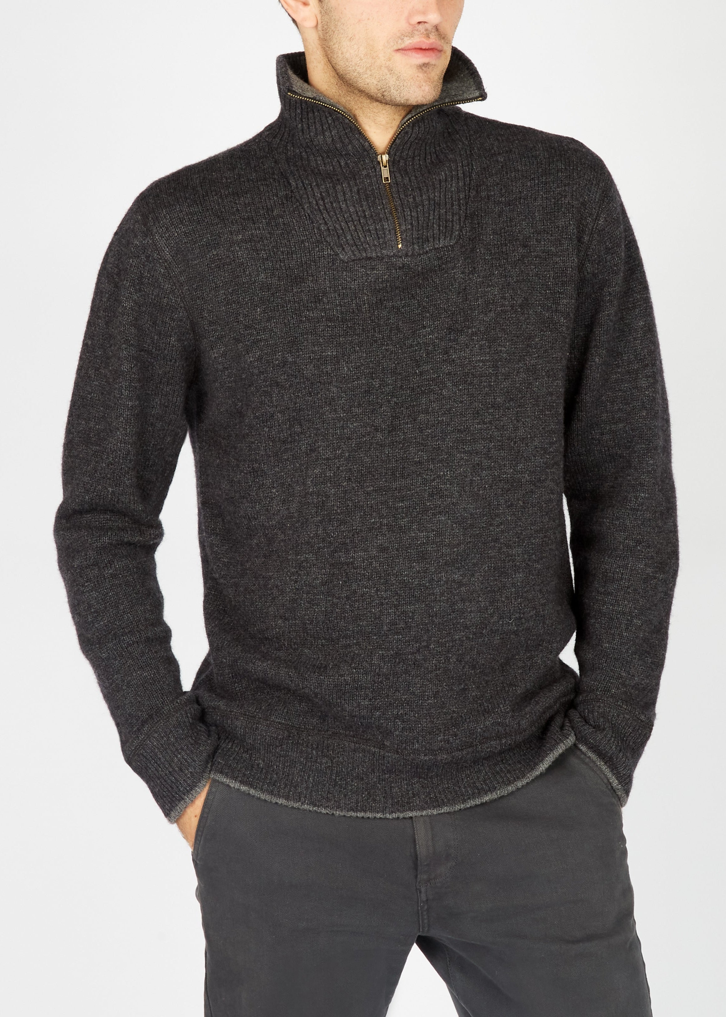 IrelandsEye Men's Zip Lambswool Sweater | Charcoal