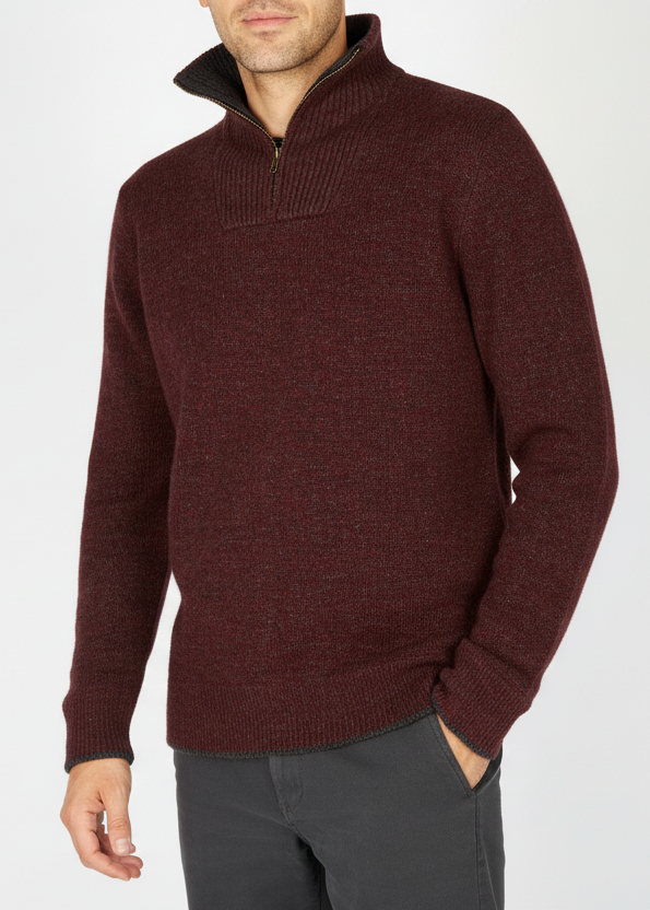 Men's Lambswool Quarter Zip Sweater | Claret Red | Irelands Eye Knitwear