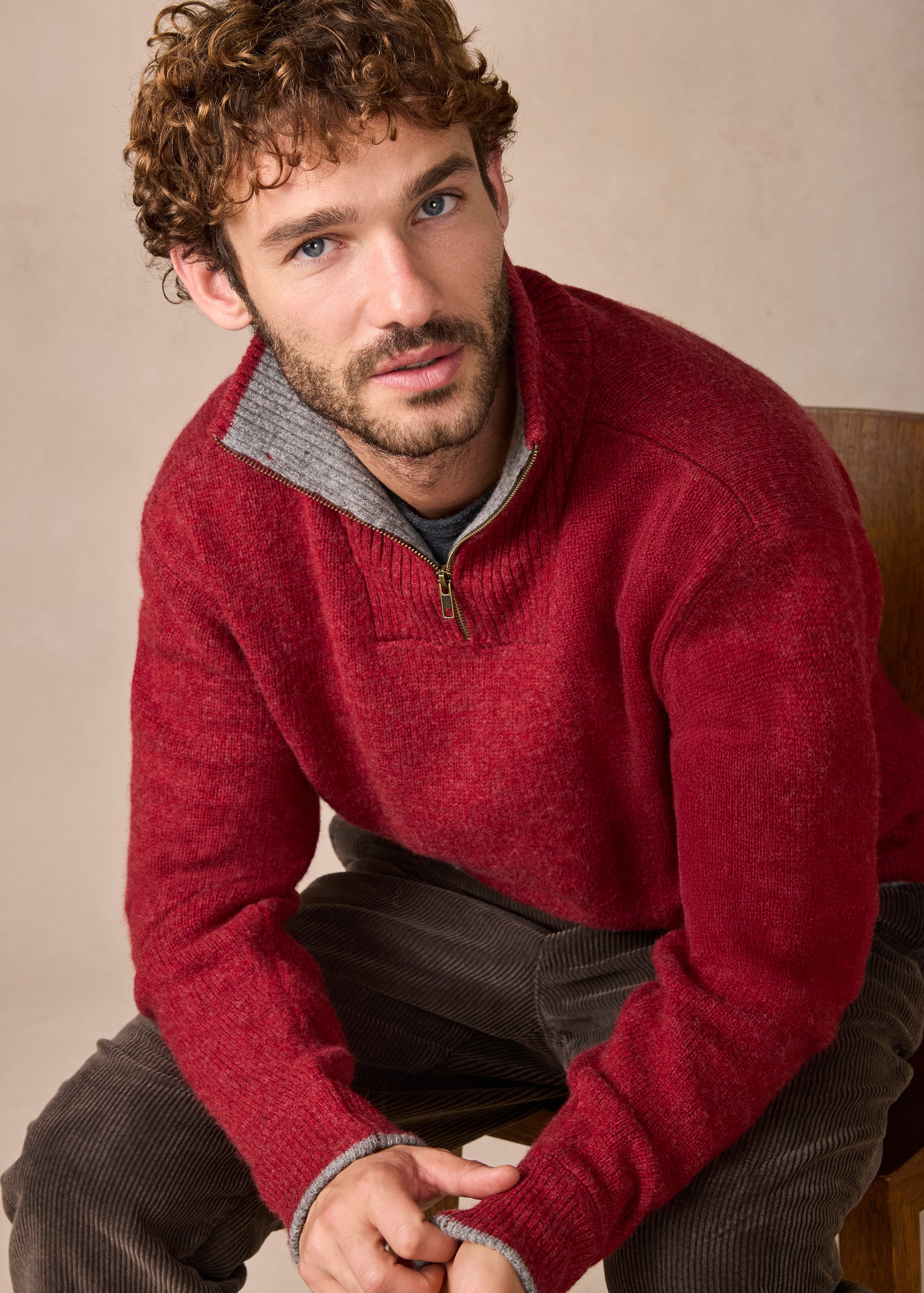 Men's Lambswool Quarter Zip Sweater | IrelandsEye | Crimson