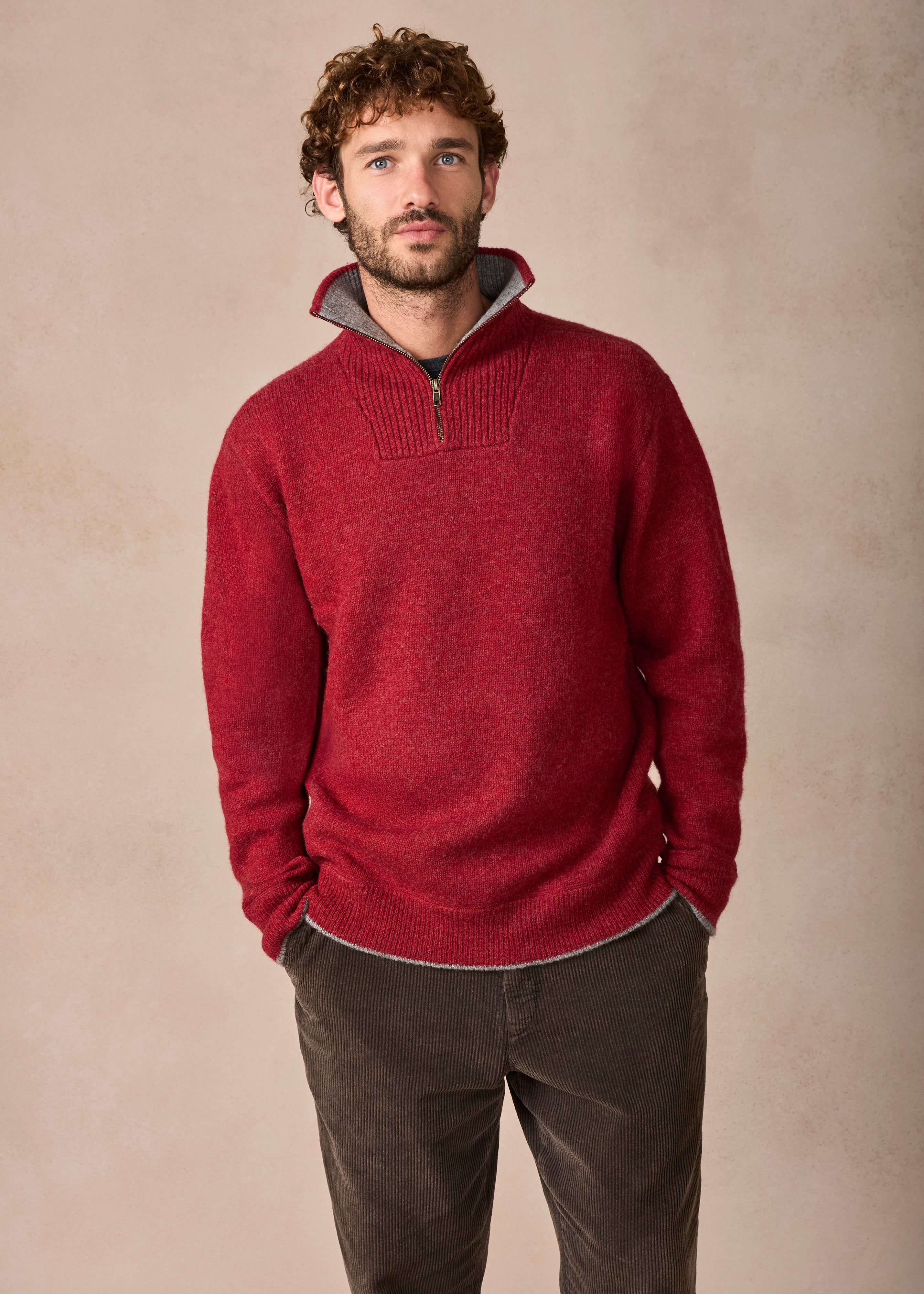 Men's Lambswool Quarter Zip Sweater | IrelandsEye | Crimson