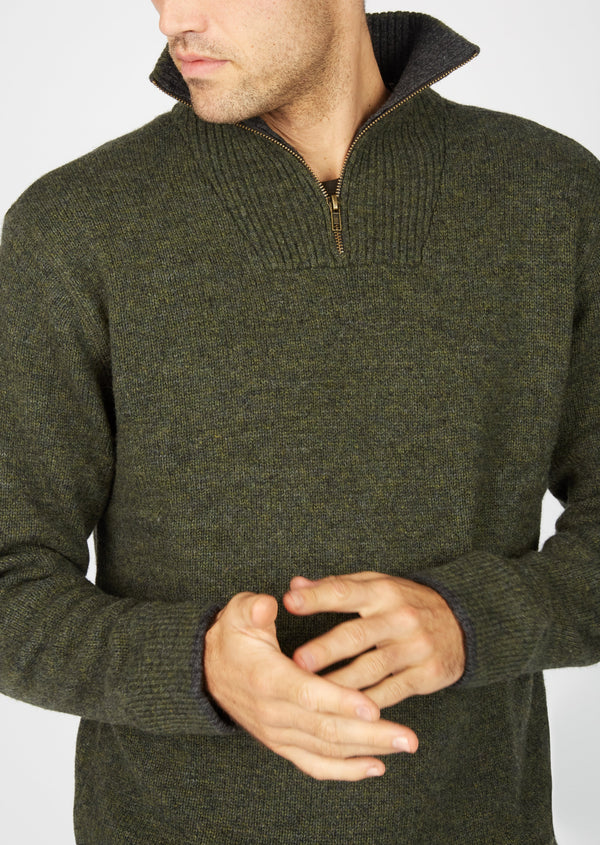 Mens knitted half zip pullover Green Marl