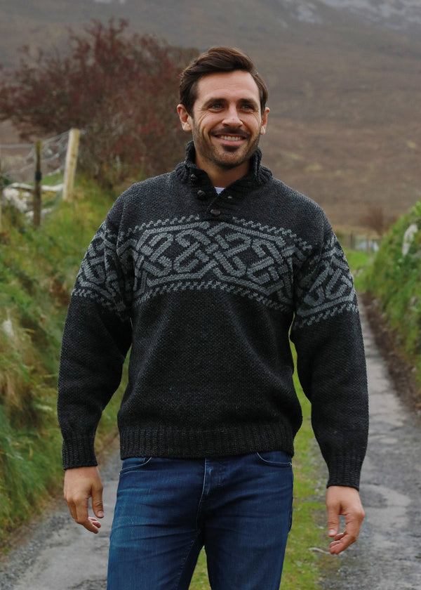 Men's Celtic Pattern Troyer Sweater | 100% Wool | Charcoal