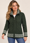 Aran Crafts Celtic Funnel Neck Jacquard Cardigan | Green