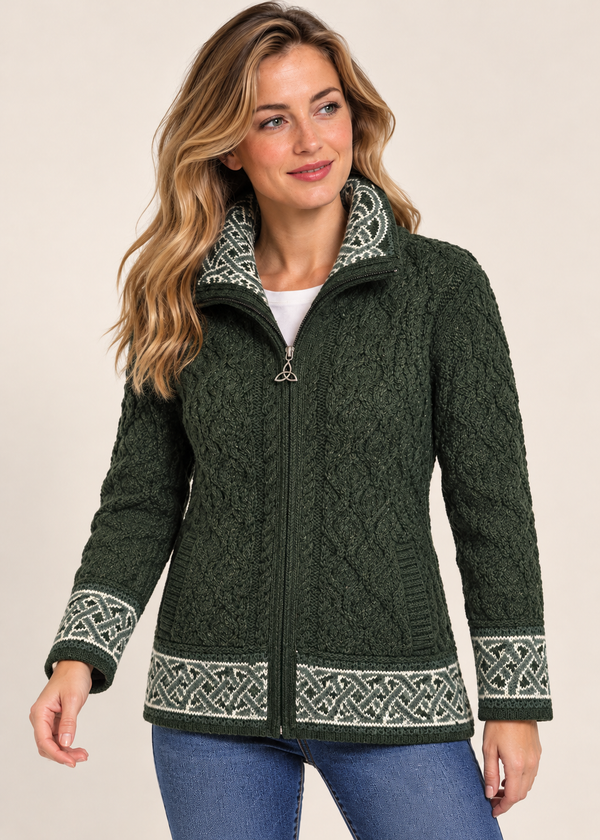 Aran Crafts Celtic Funnel Neck Jacquard Cardigan | Green