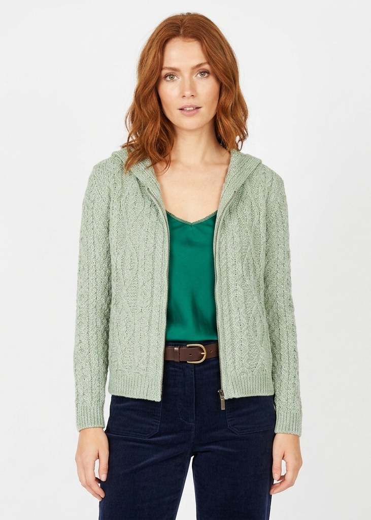 IrelandsEye Women's Aran Hooded Cardigan | Sage Marl