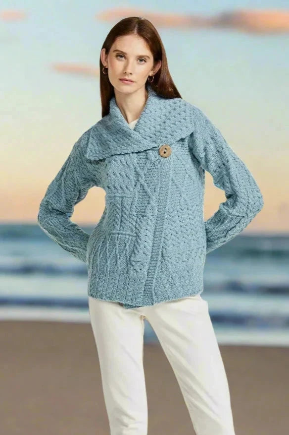 Patchwork Ladies Aran Cardigan | Mist Marl