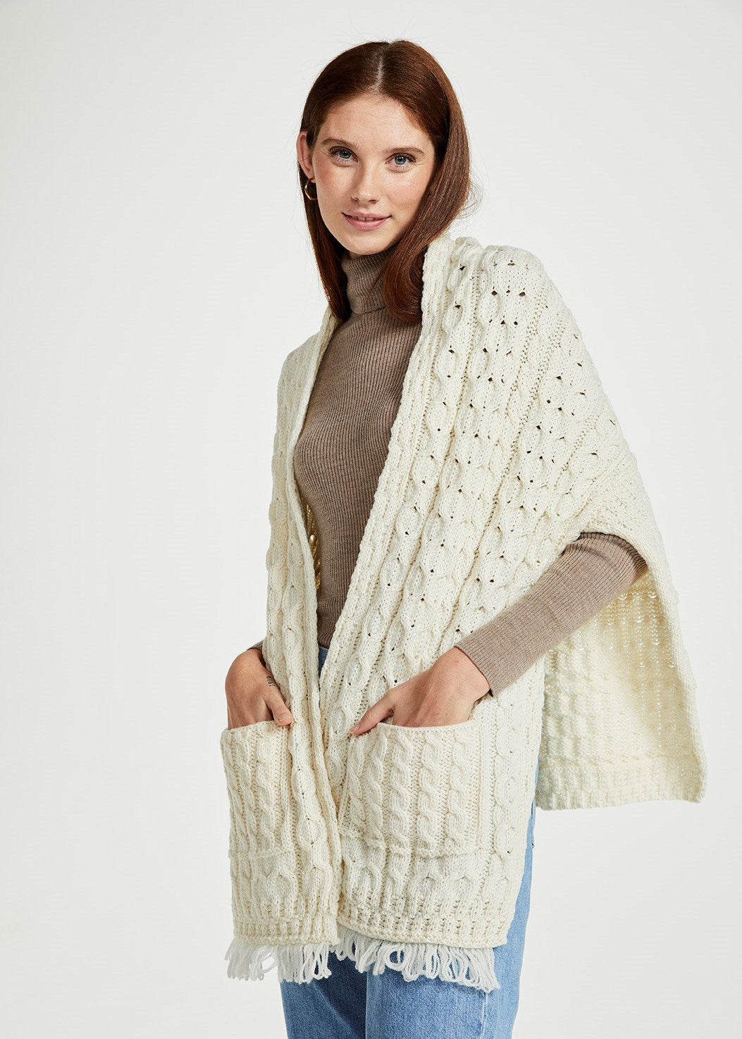 Aran Pocket Shawl | Natural | 100% Merino Wool