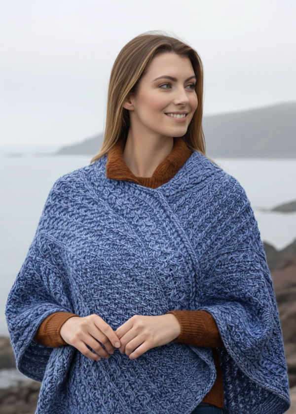 Aran Merino Wool V Poncho - Denim Marl