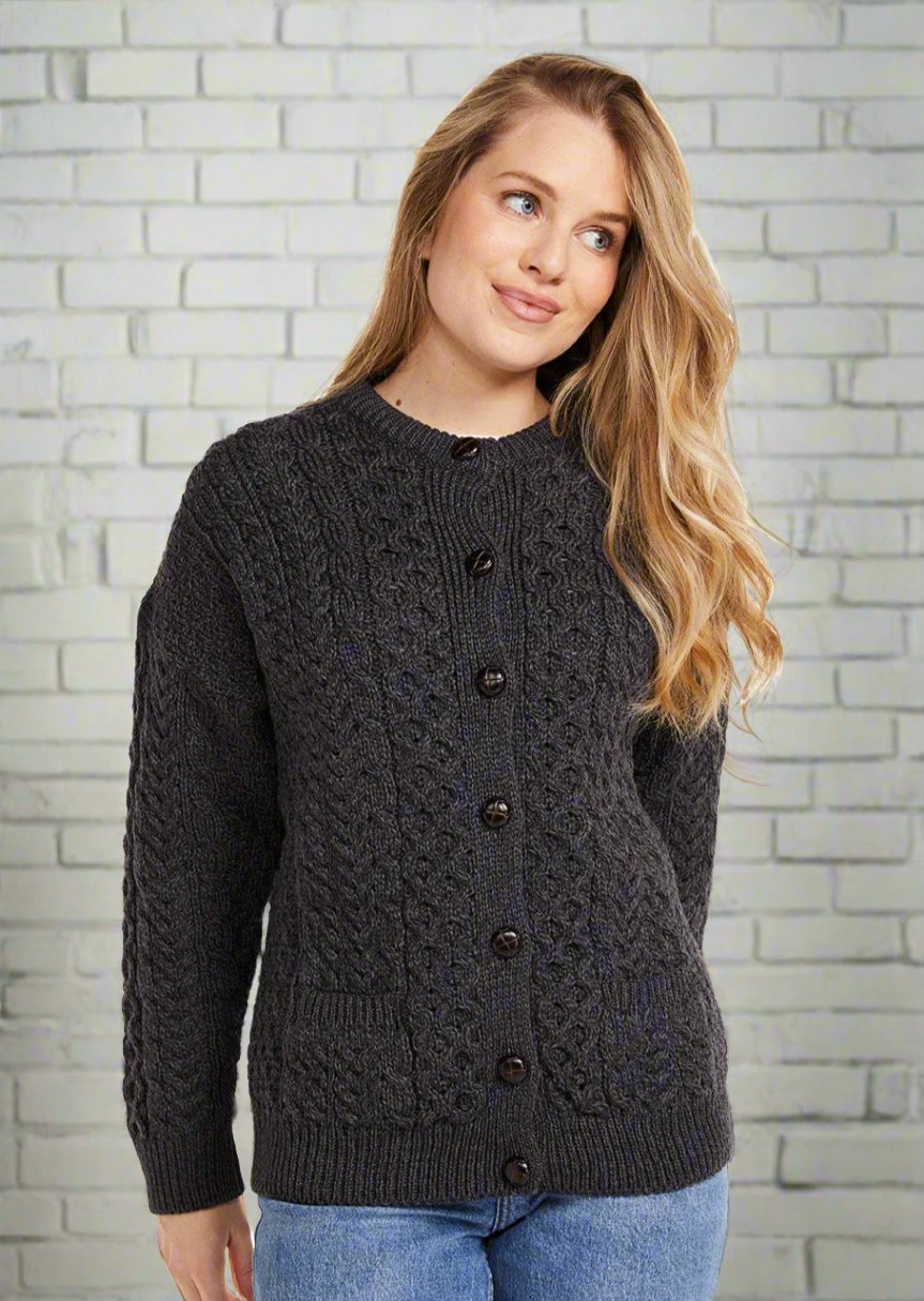 Achill Island Ladies Aran Cardigan - Charcoal