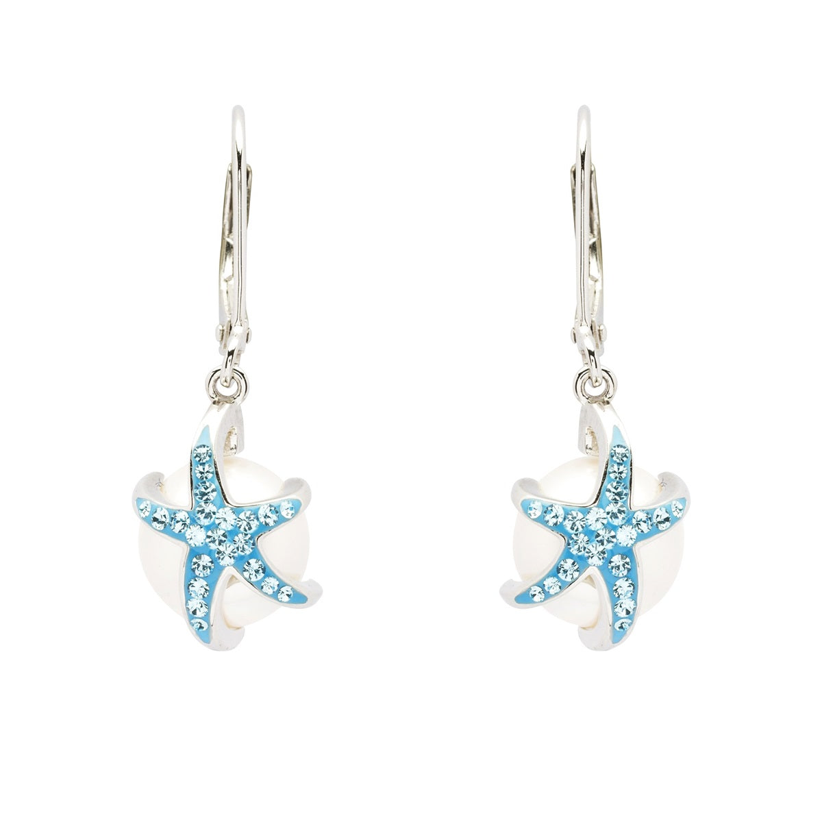 Starfish Drop Pearl Earrings With Aqua Swarovski® Crystals