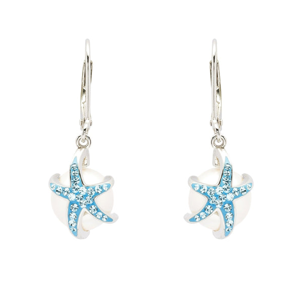 Starfish Drop Pearl Earrings With Aqua Swarovski® Crystals