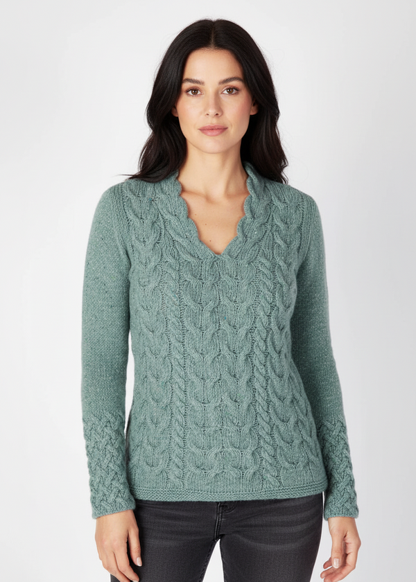 IrelandsEye Women's V Neck Aran Sweater | Ocean Mist