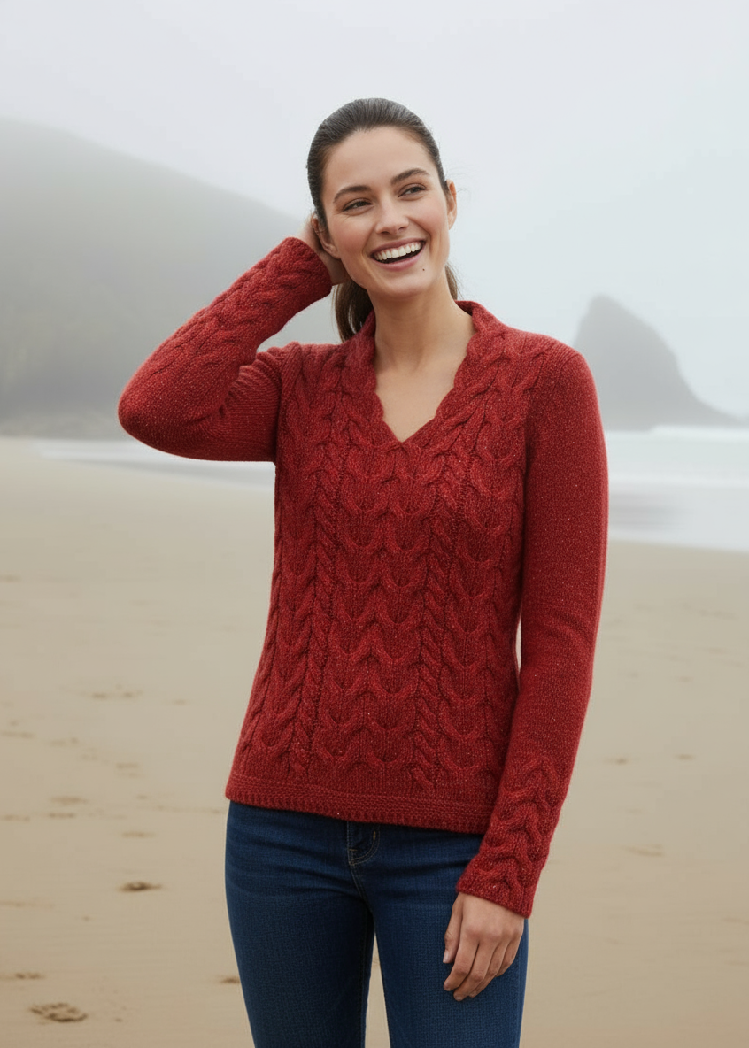 Horseshoe V Neck Aran Sweater | Chilli