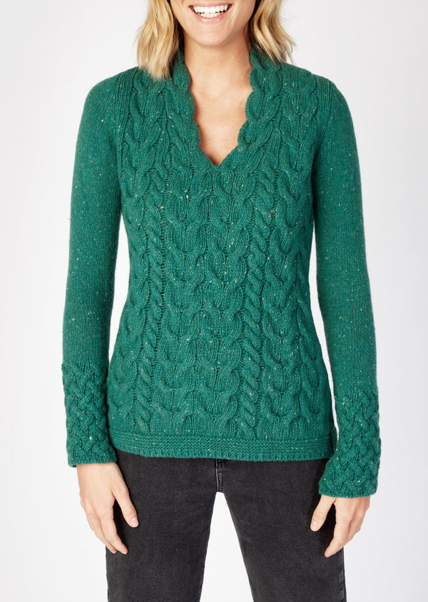 IrelandsEye Women's V Neck Aran Sweater | Green Garden