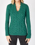 IrelandsEye Women's V Neck Aran Sweater | Green Garden
