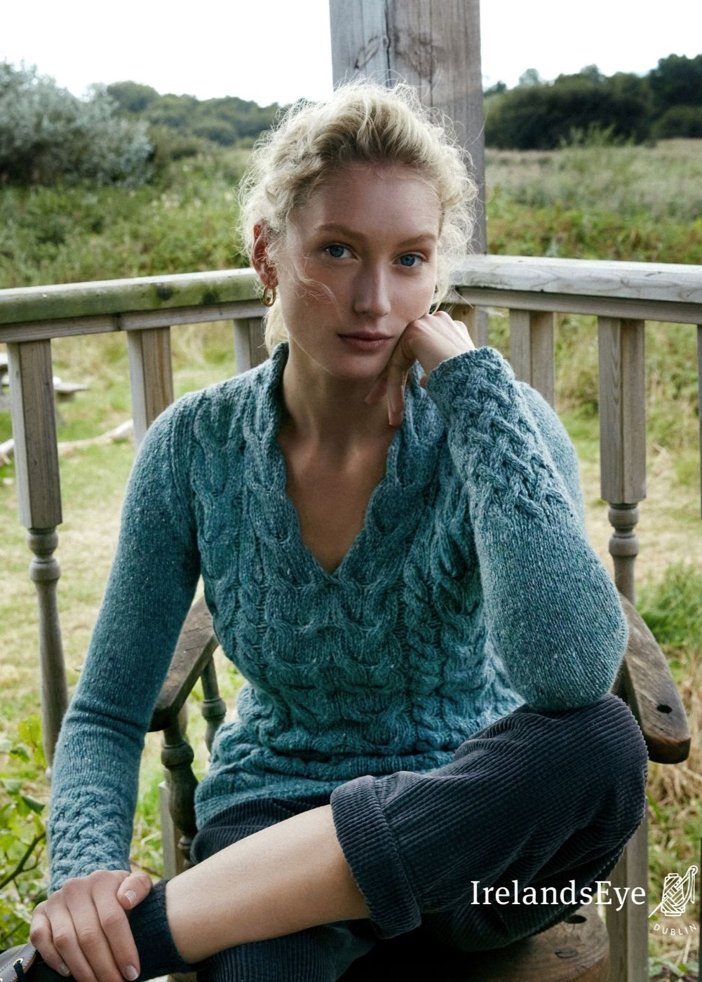 IrelandsEye Women's V Neck Aran Sweater | Ocean Mist