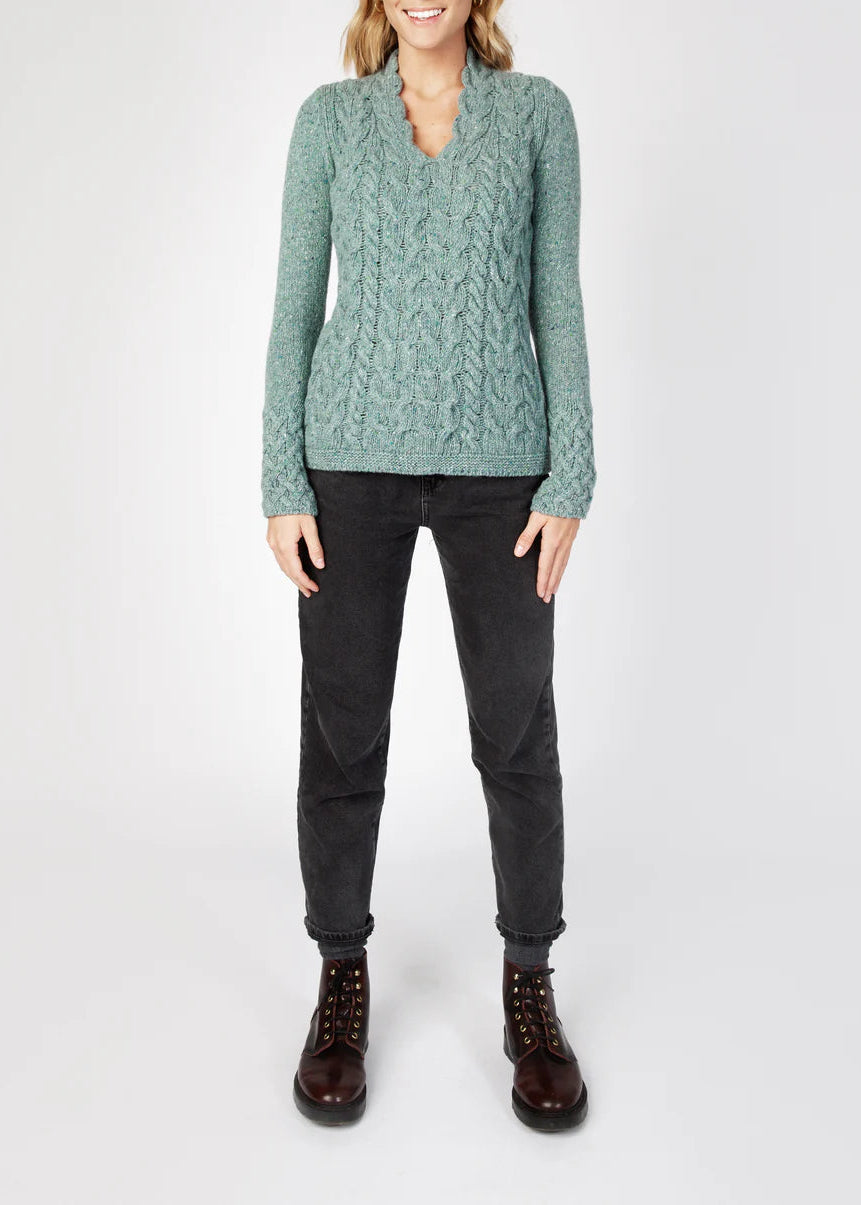 IrelandsEye Women's V Neck Aran Sweater | Ocean Mist