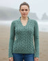 Women's V Neck Aran Sweater | Ocean Mist