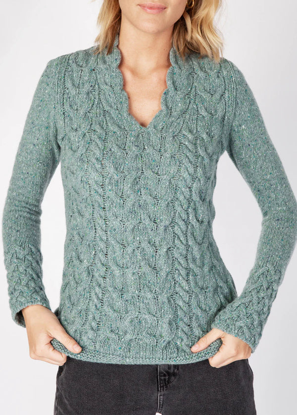 IrelandsEye Women's V Neck Aran Sweater | Ocean Mist