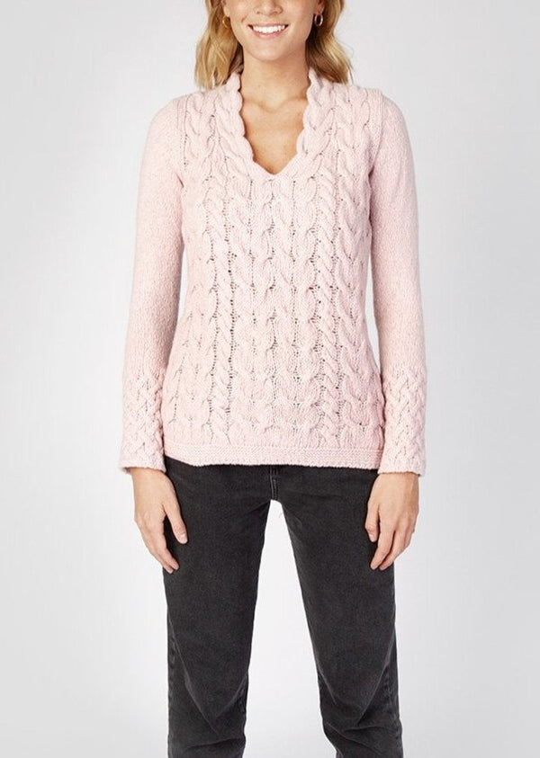 IrelandsEye Women's V Neck Aran Sweater | Pink Mist
