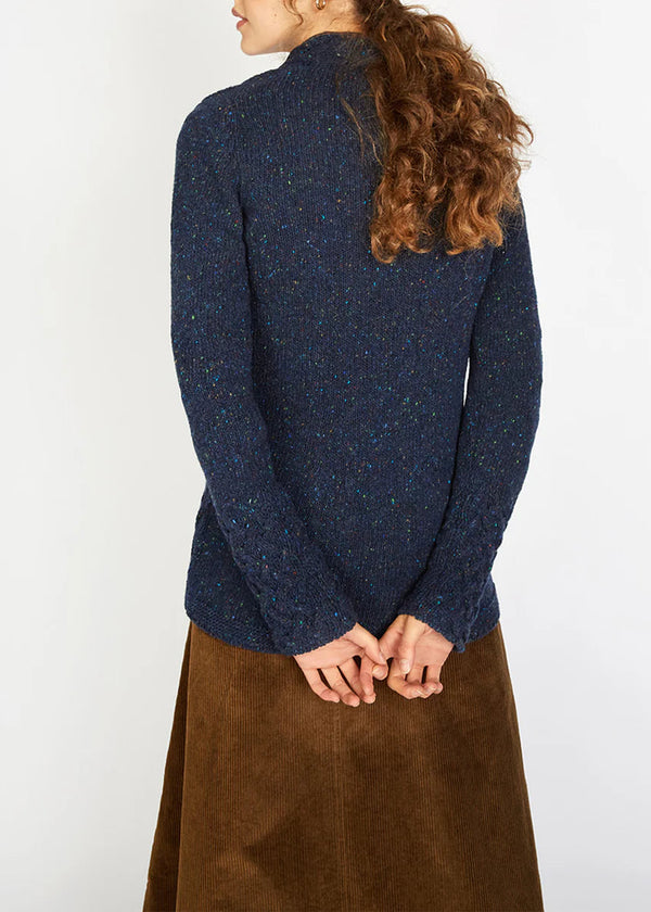 IrelandsEye Horseshoe V Neck Aran Sweater | Rich Navy