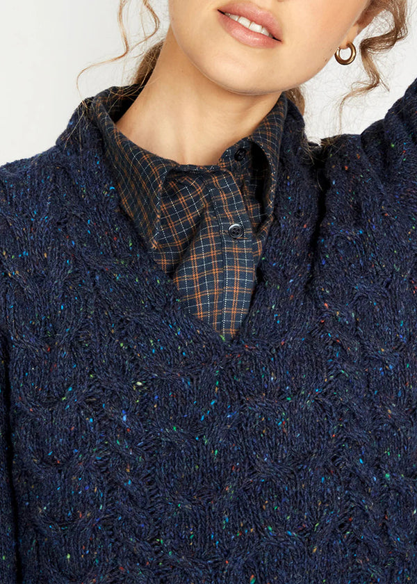IrelandsEye Horseshoe V Neck Aran Sweater | Rich Navy