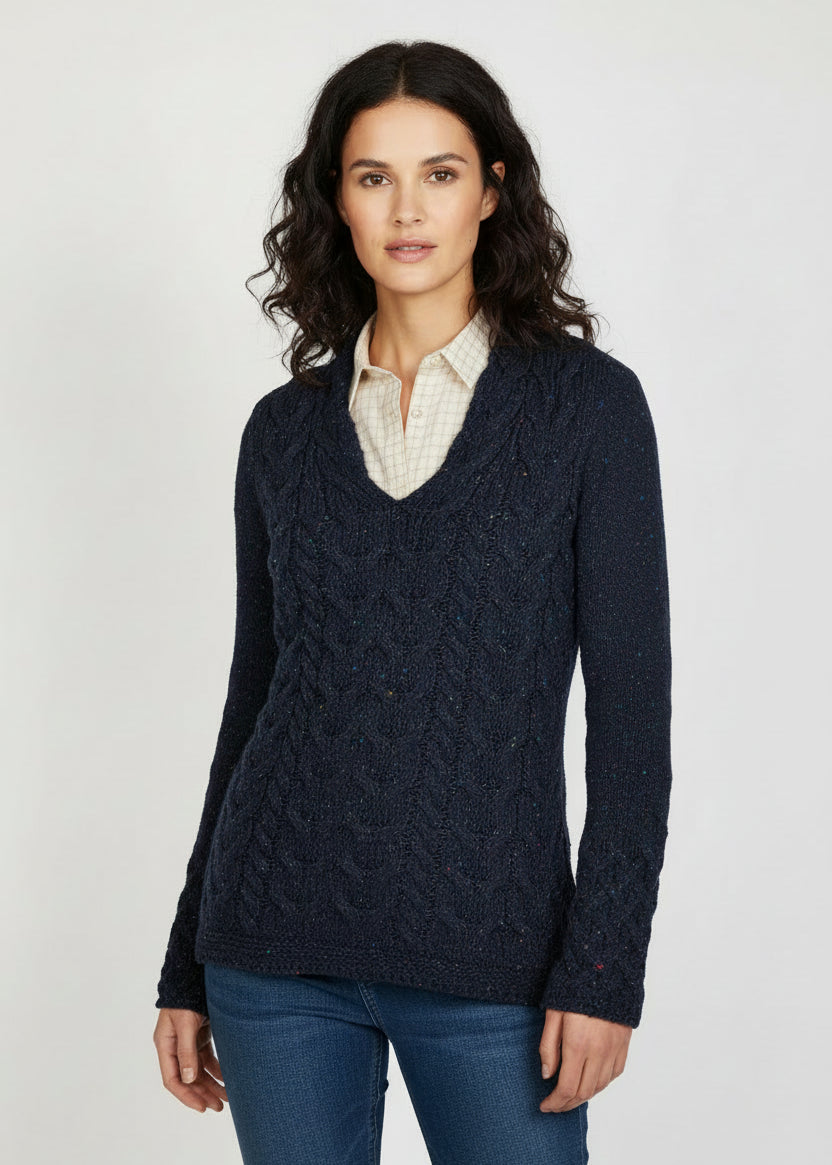 IrelandsEye Horseshoe V Neck Aran Sweater | Rich Navy