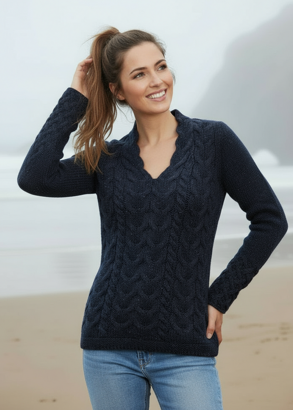 Horseshoe V Neck Aran Sweater | Rich Navy