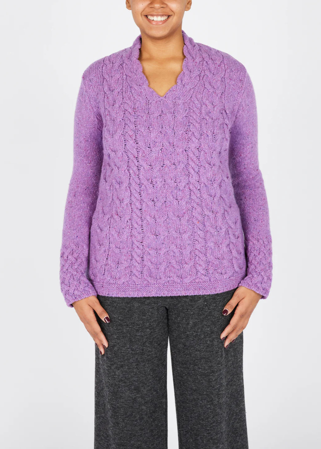 Horseshoe V Neck Aran Sweater | Orchid