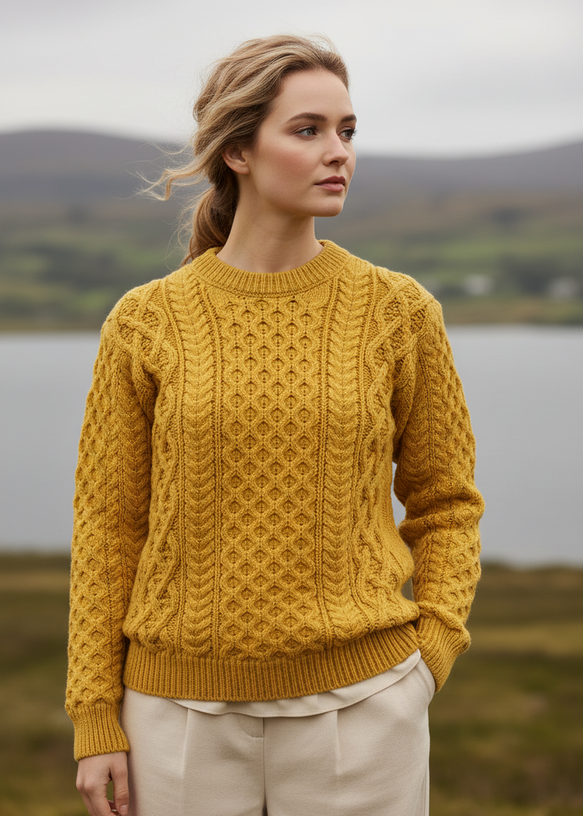 Women's Aran Sweater - Sunflower | 100% Merino Wool | IrelandsEye