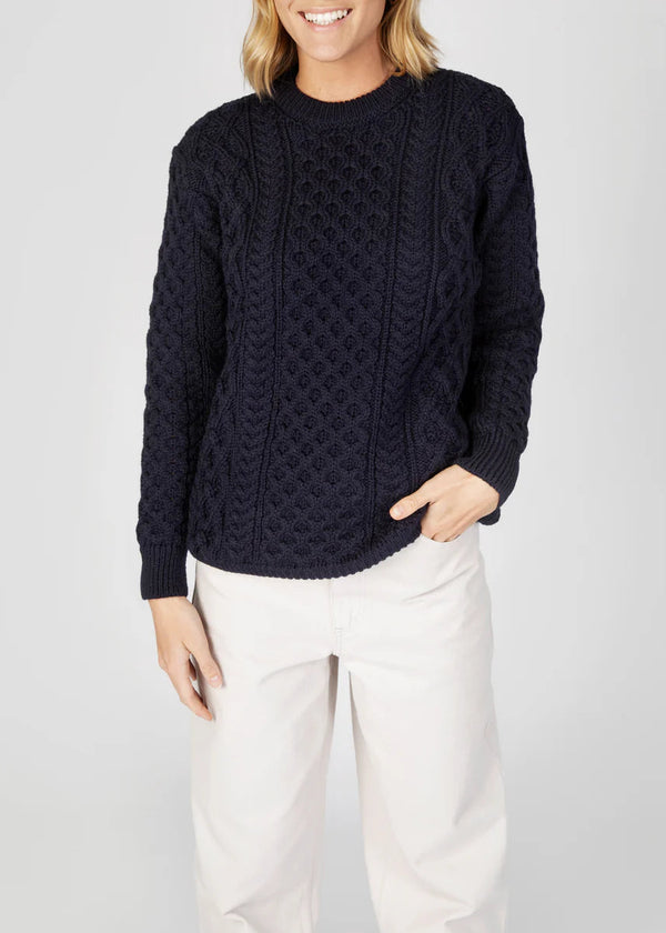 IrelandsEye Women's Merino Wool Aran Sweater | Navy
