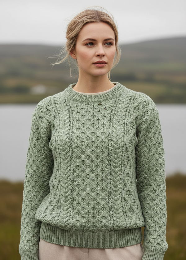 Women's Aran Sweater - Sage Marl | 100% Merino Wool | IrelandsEye