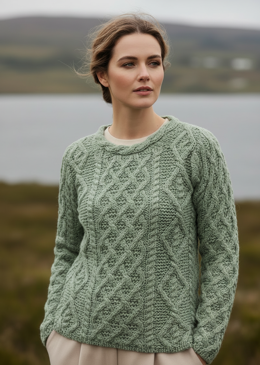 IrelandsEye Lambay Lattice Cable Aran Sweater | Sage Marl