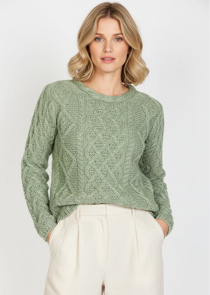 IrelandsEye Lambay Lattice Cable Aran Sweater | Sage Marl