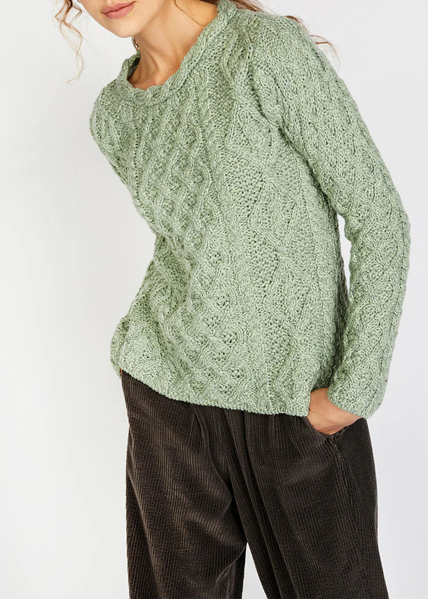 IrelandsEye Lambay Lattice Cable Aran Sweater | Sage Marl