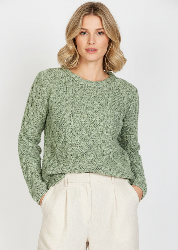 IrelandsEye Lambay Lattice Cable Aran Sweater | Sage Marl