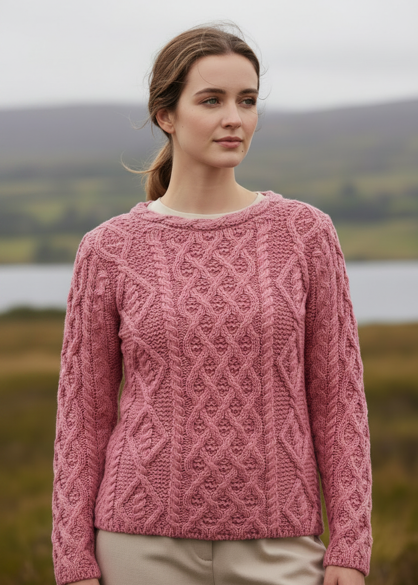 Women's Lambay Aran Sweater - Rosa Pink | 100% Merino Wool | IrelandsEye
