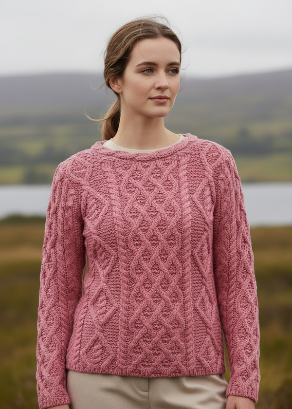 Women's Lambay Aran Sweater - Rosa Pink | 100% Merino Wool | IrelandsEye